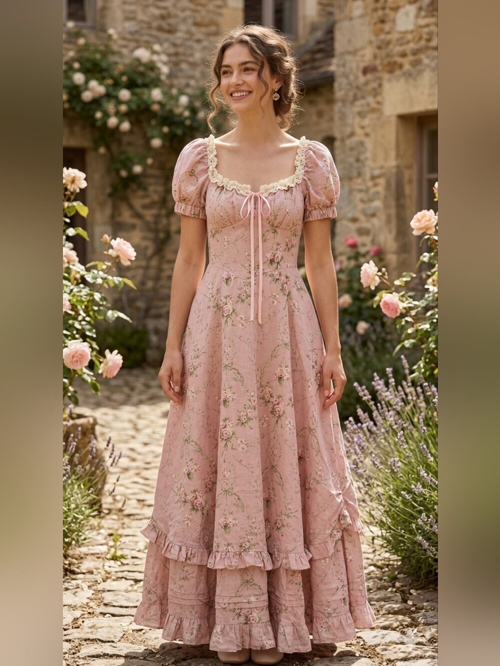 Lacemade 100% Cotton Pink Floral Cottagecore Maxi Dress XS Coquette Romantic